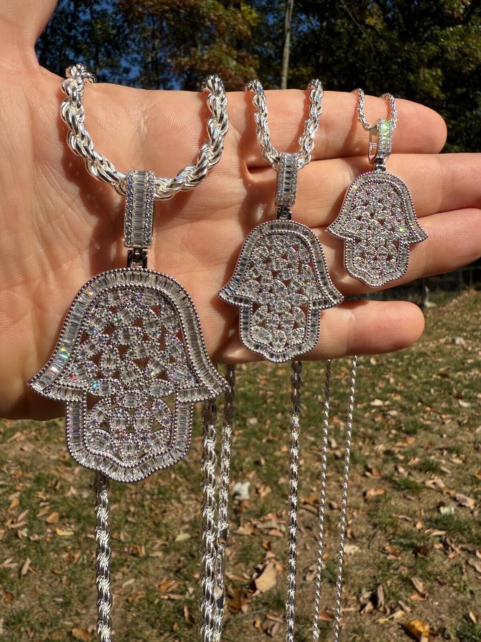 MOISSANITE 100 Evil Eyes Hamsa Hand Iced Out Pendant - 925 Silver - 3 Sizes 1.25"-3"