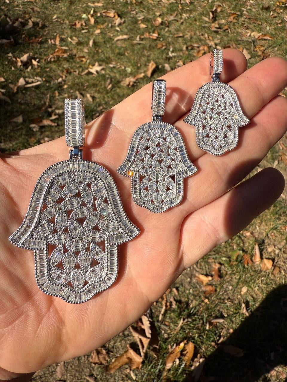 MOISSANITE 100 Evil Eyes Hamsa Hand Iced Out Pendant - 925 Silver - 3 Sizes 1.25"-3"