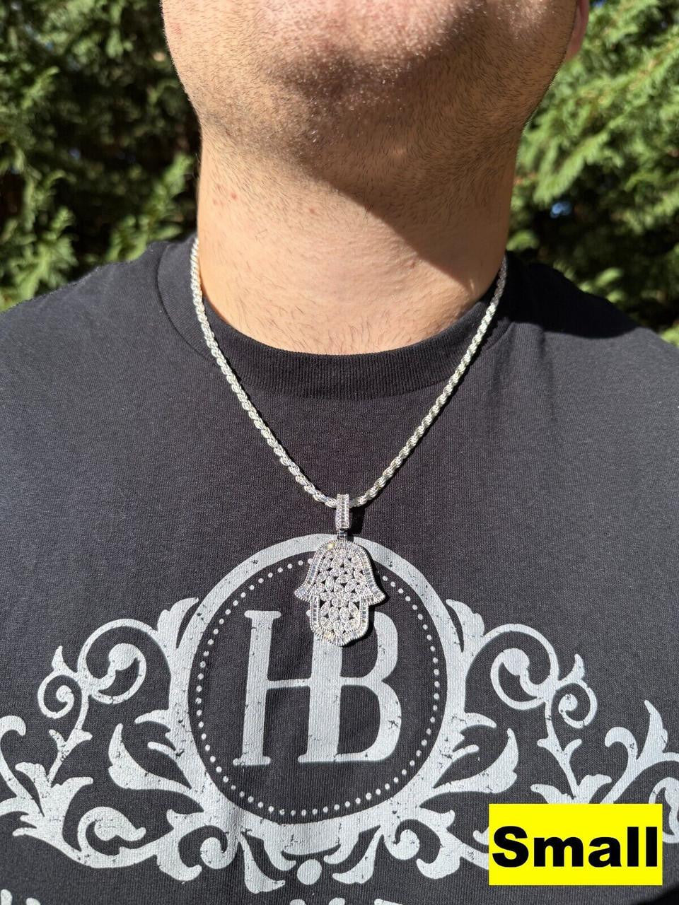 MOISSANITE 100 Evil Eyes Hamsa Hand Iced Out Pendant - 925 Silver - 3 Sizes 1.25"-3"