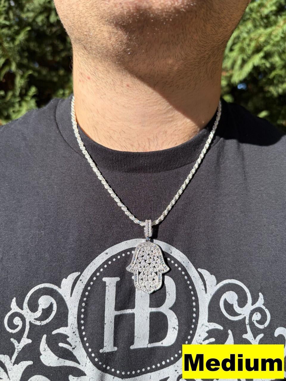 MOISSANITE 100 Evil Eyes Hamsa Hand Iced Out Pendant - 925 Silver - 3 Sizes 1.25"-3"