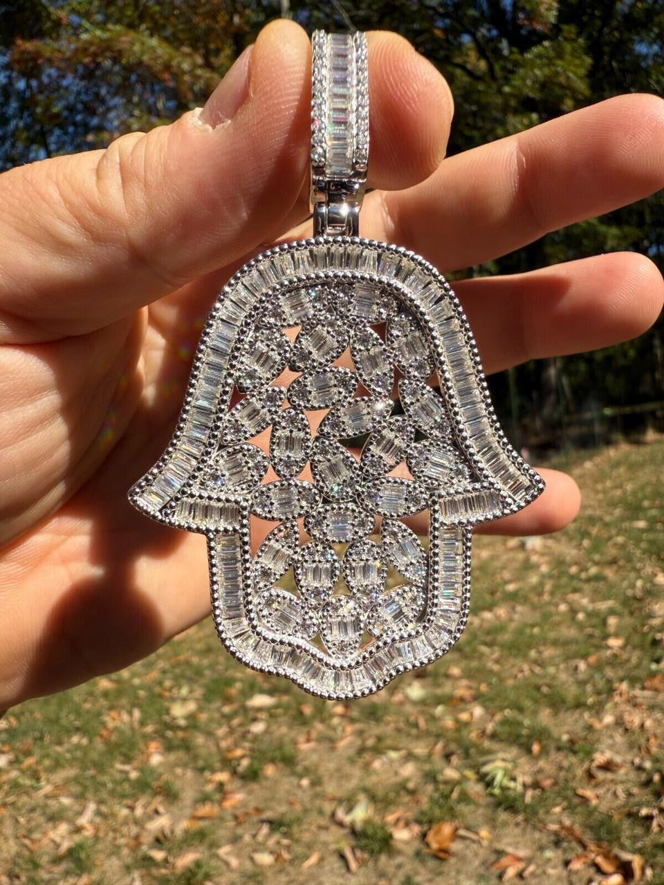 MOISSANITE 100 Evil Eyes Hamsa Hand Iced Out Pendant - 925 Silver - 3 Sizes 1.25"-3"