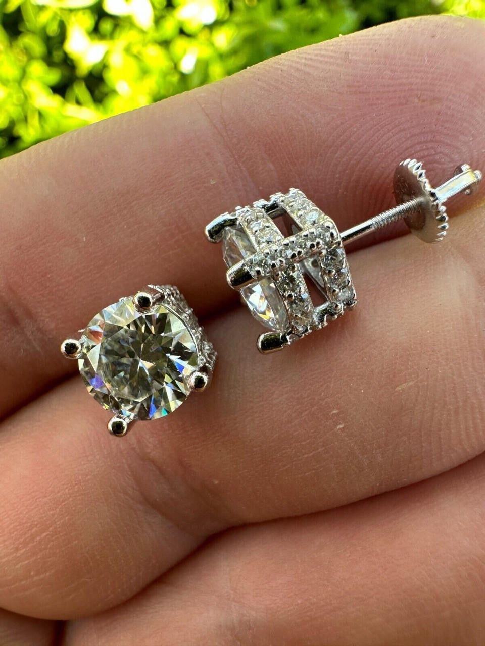 Moissanite 3D Iced Prong Solitaire Screwback Large Stud Earrings 925 Silver 8mm