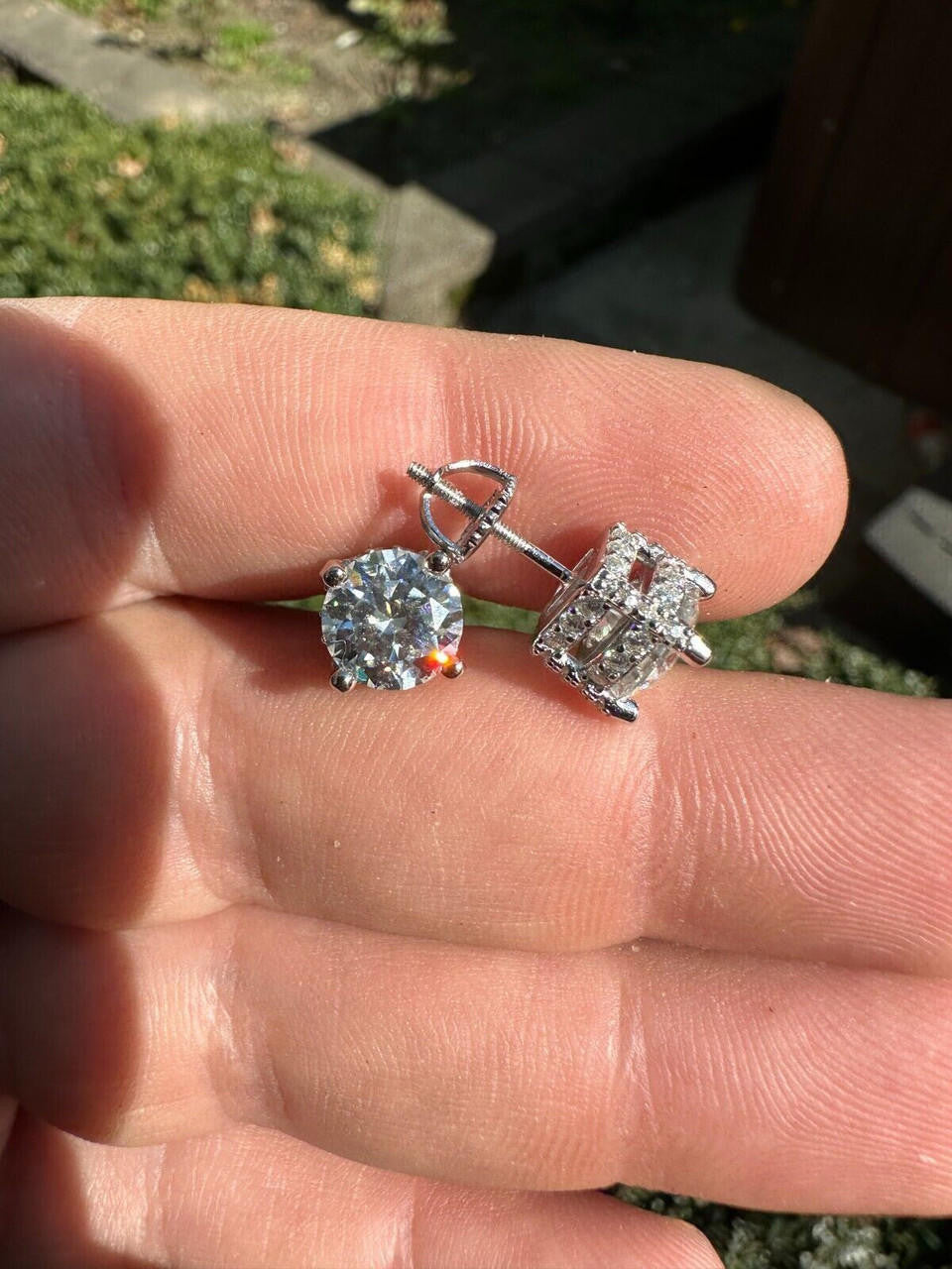 Moissanite 3D Iced Prong Solitaire Screwback Large Stud Earrings 925 Silver 8mm