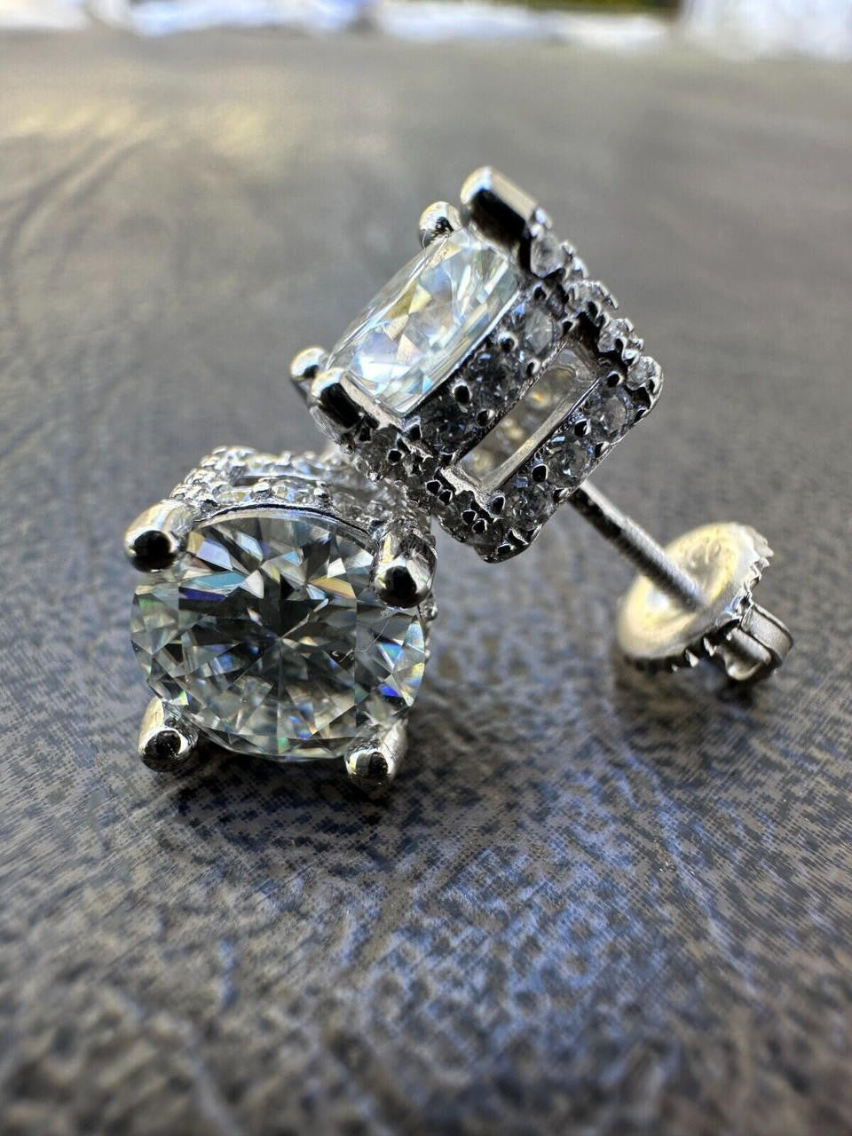 Moissanite 3D Iced Prong Solitaire Screwback Large Stud Earrings 925 Silver 8mm