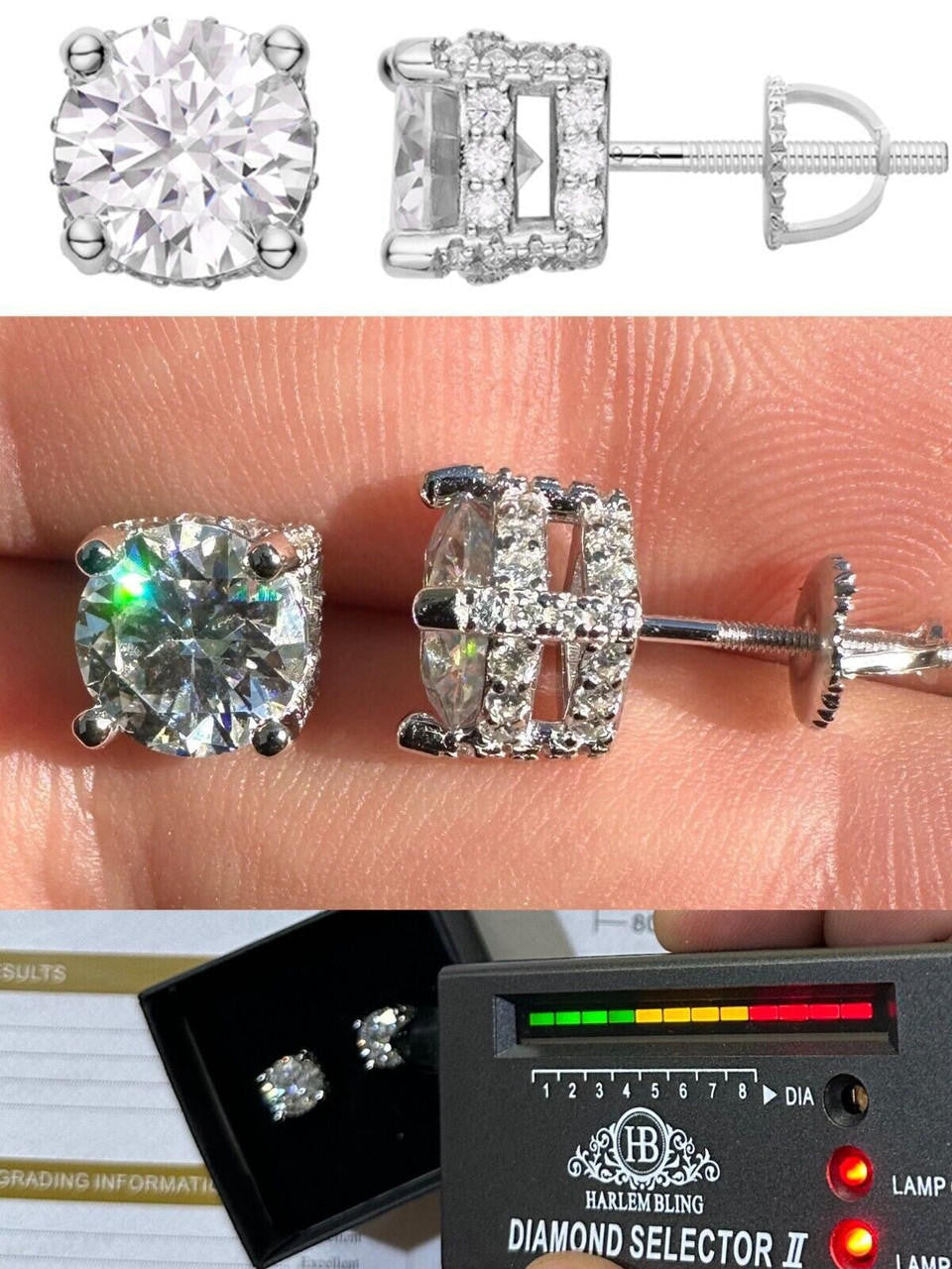 Moissanite 3D Iced Prong Solitaire Screwback Large Stud Earrings 925 Silver 8mm
