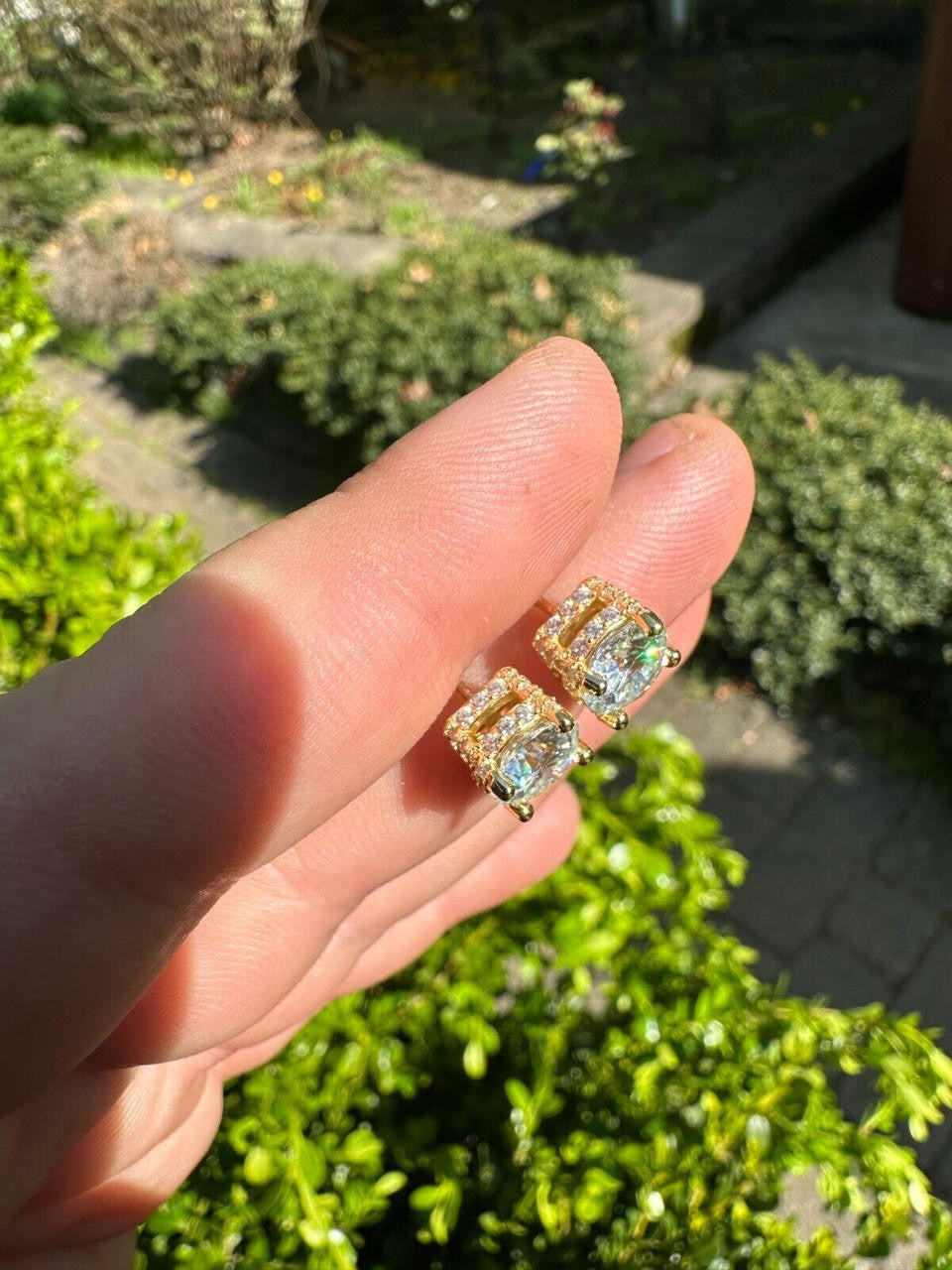 Moissanite 3D Iced Prong Solitaire Stud Earrings 14k Gold Plated 925 Silver 8mm