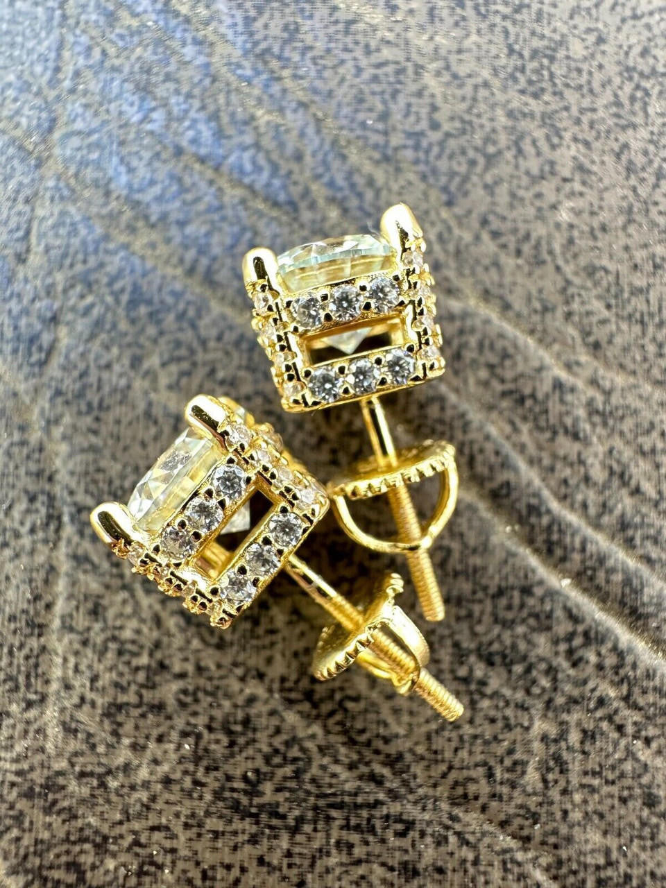 Moissanite 3D Iced Prong Solitaire Stud Earrings 14k Gold Plated 925 Silver 8mm