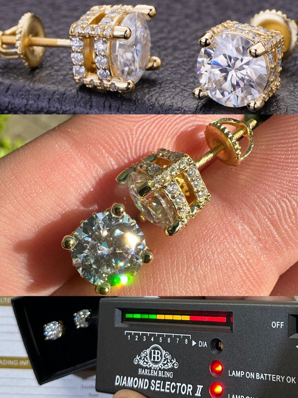Moissanite 3D Iced Prong Solitaire Stud Earrings 14k Gold Plated 925 Silver 8mm