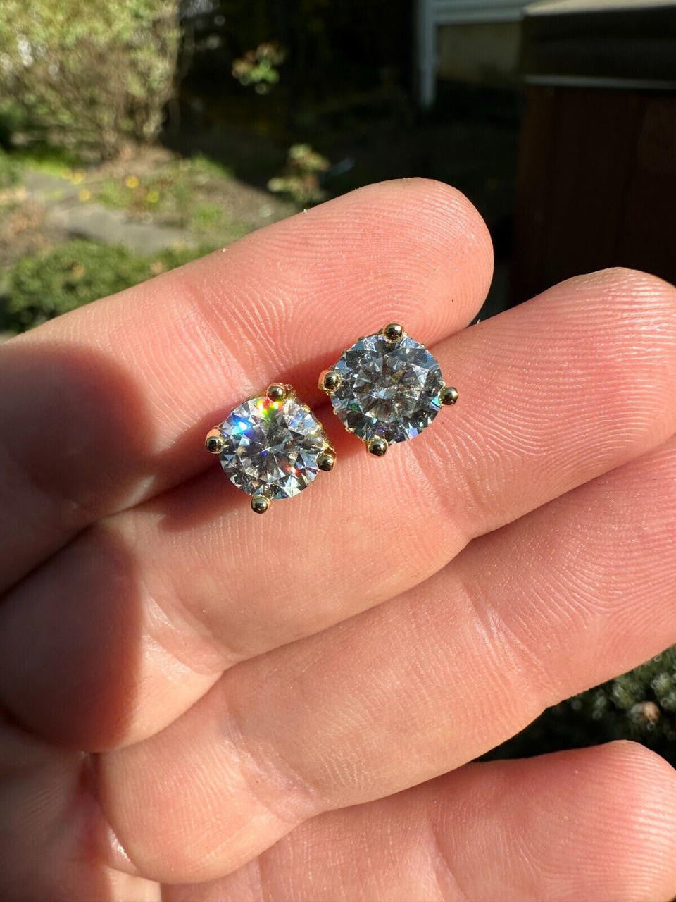 Moissanite 3D Iced Prong Solitaire Stud Earrings 14k Gold Plated 925 Silver 8mm