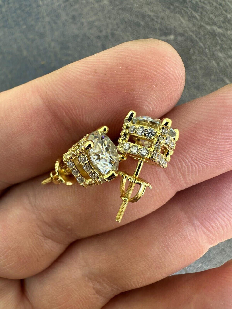 Moissanite 3D Iced Prong Solitaire Stud Earrings 14k Gold Plated 925 Silver 8mm