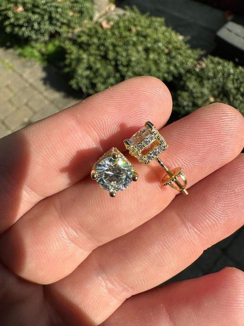 Moissanite 3D Iced Prong Solitaire Stud Earrings 14k Gold Plated 925 Silver 8mm