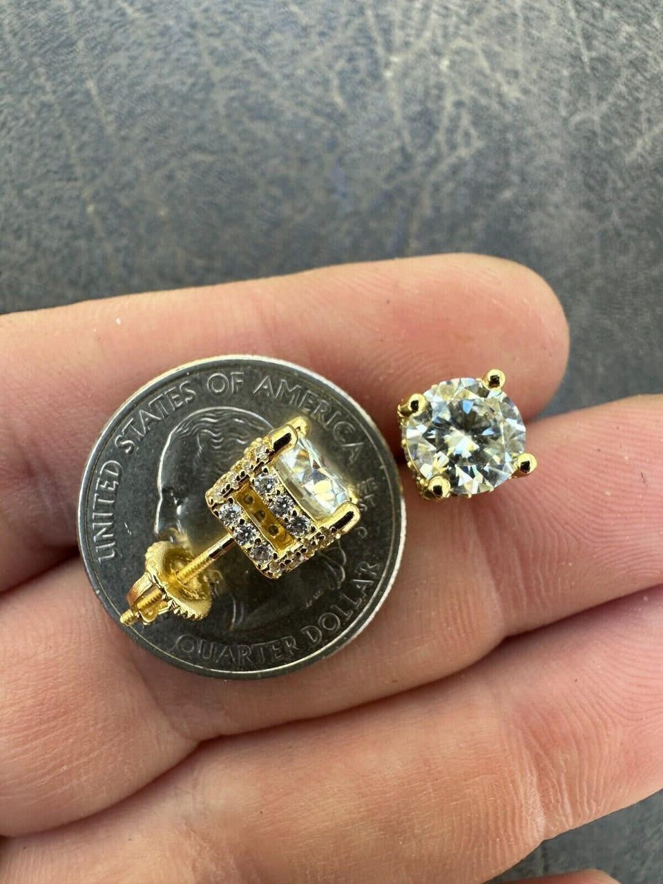 Moissanite 3D Iced Prong Solitaire Stud Earrings 14k Gold Plated 925 Silver 8mm
