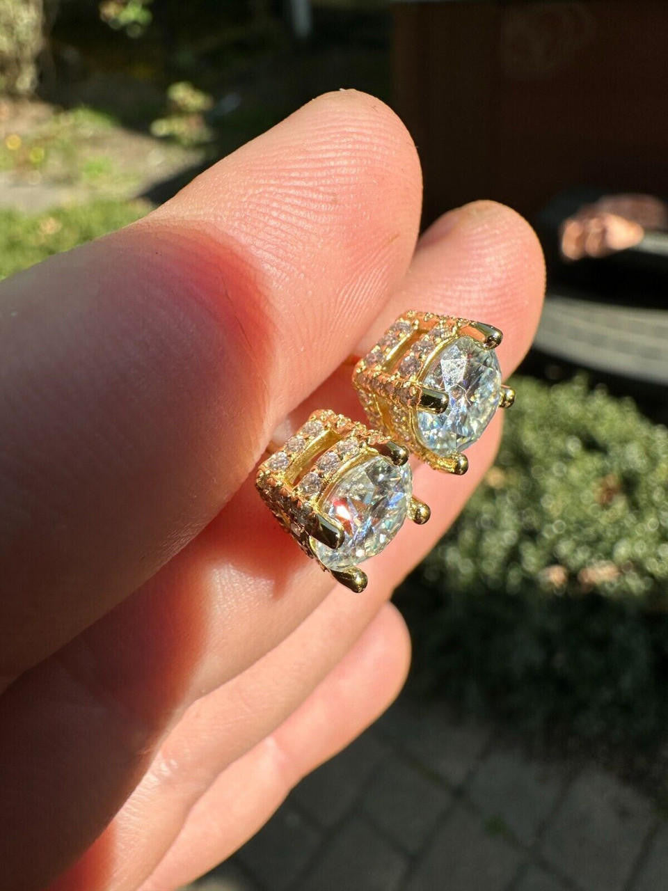 Moissanite 3D Iced Prong Solitaire Stud Earrings 14k Gold Plated 925 Silver 8mm
