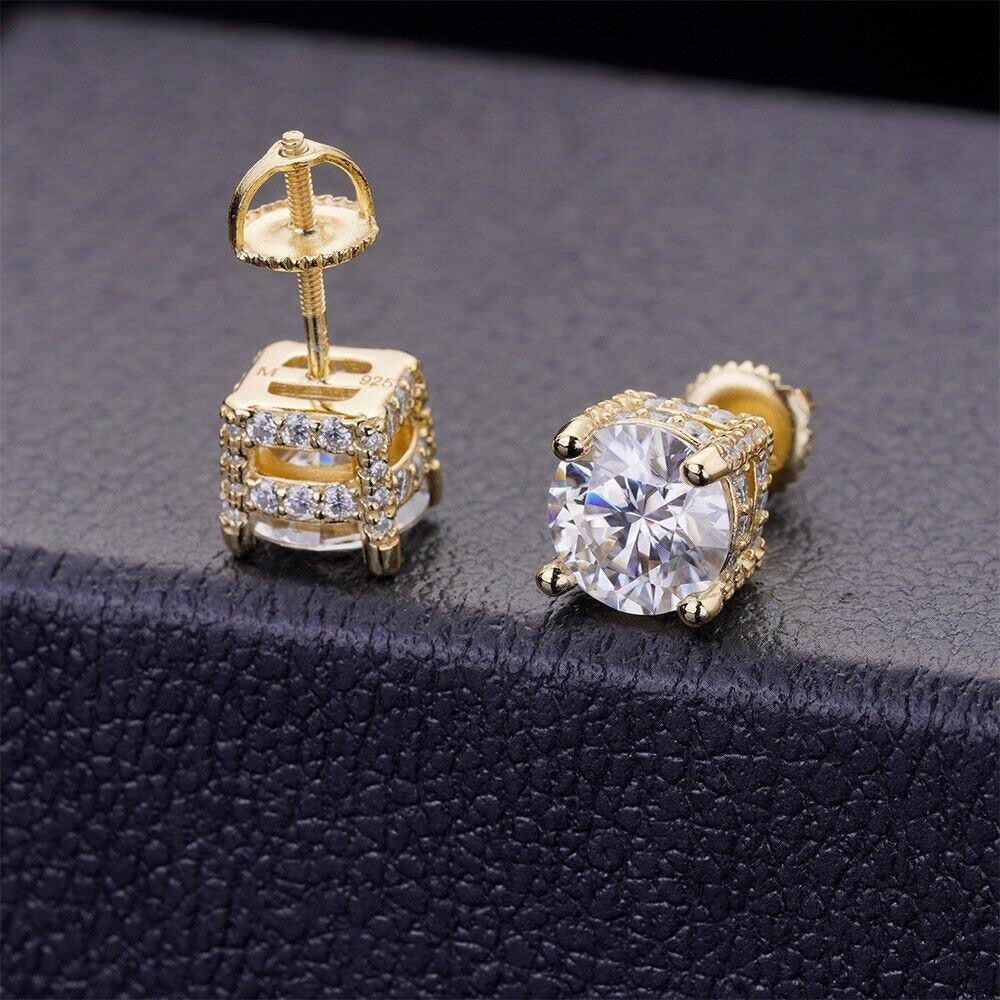 Moissanite 3D Iced Prong Solitaire Stud Earrings 14k Gold Plated 925 Silver 8mm