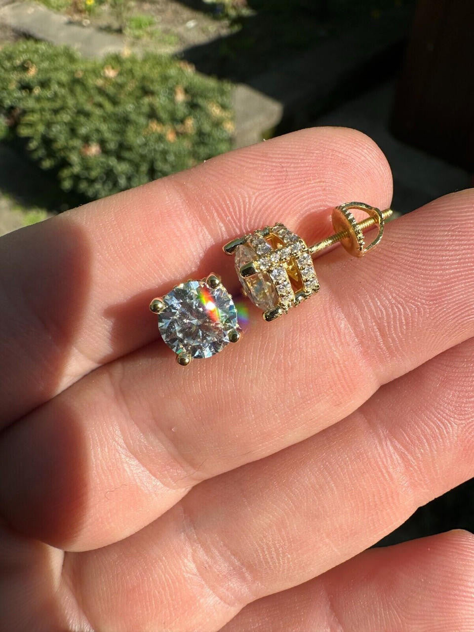 Moissanite 3D Iced Prong Solitaire Stud Earrings 14k Gold Plated 925 Silver 8mm