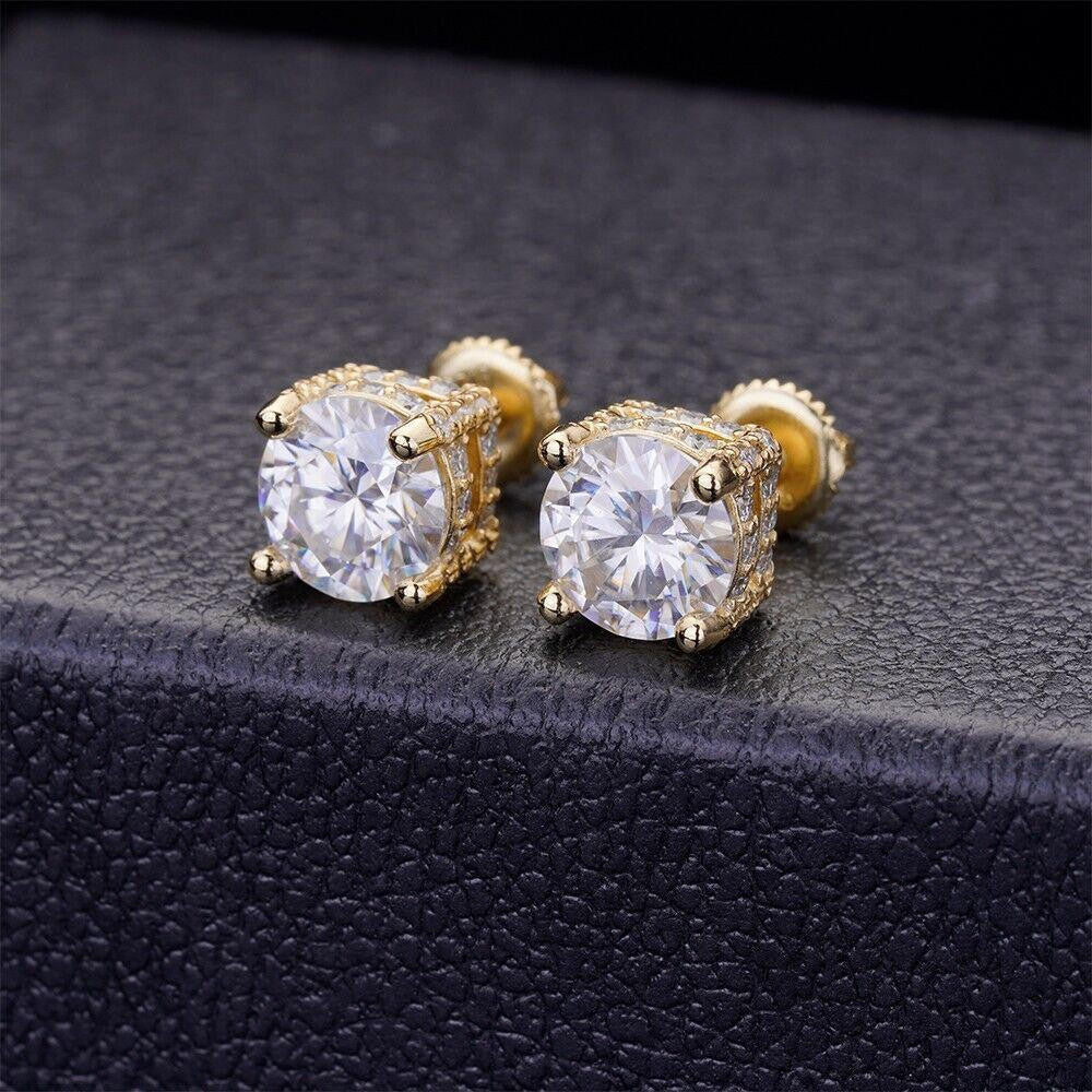 Moissanite 3D Iced Prong Solitaire Stud Earrings 14k Gold Plated 925 Silver 8mm