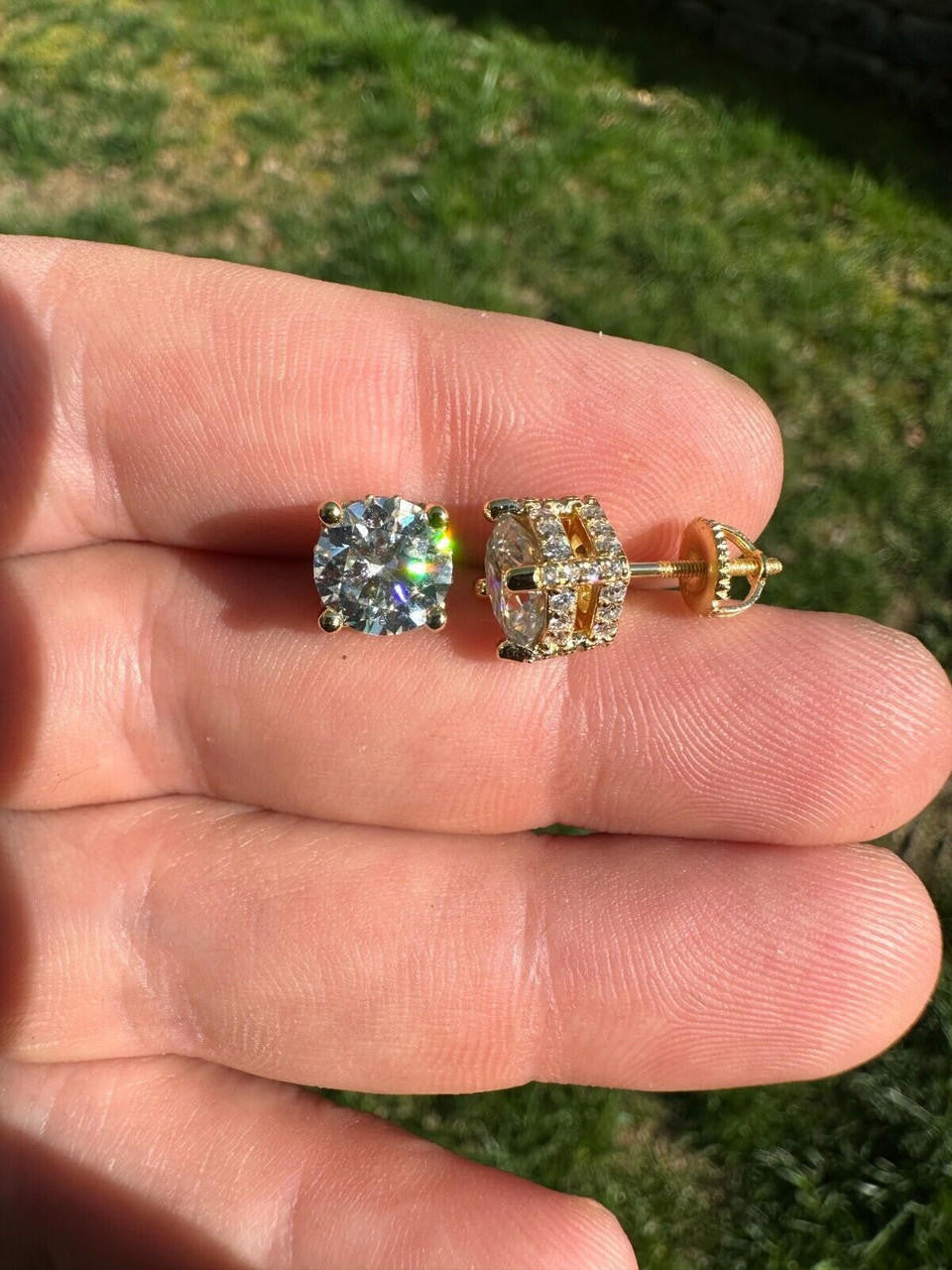 MOISSANITE Solitaire Stud Reinvented Earrings - Stones On All Sides - 14k Gold Vermeil 925 Silver - 5mm-8mm