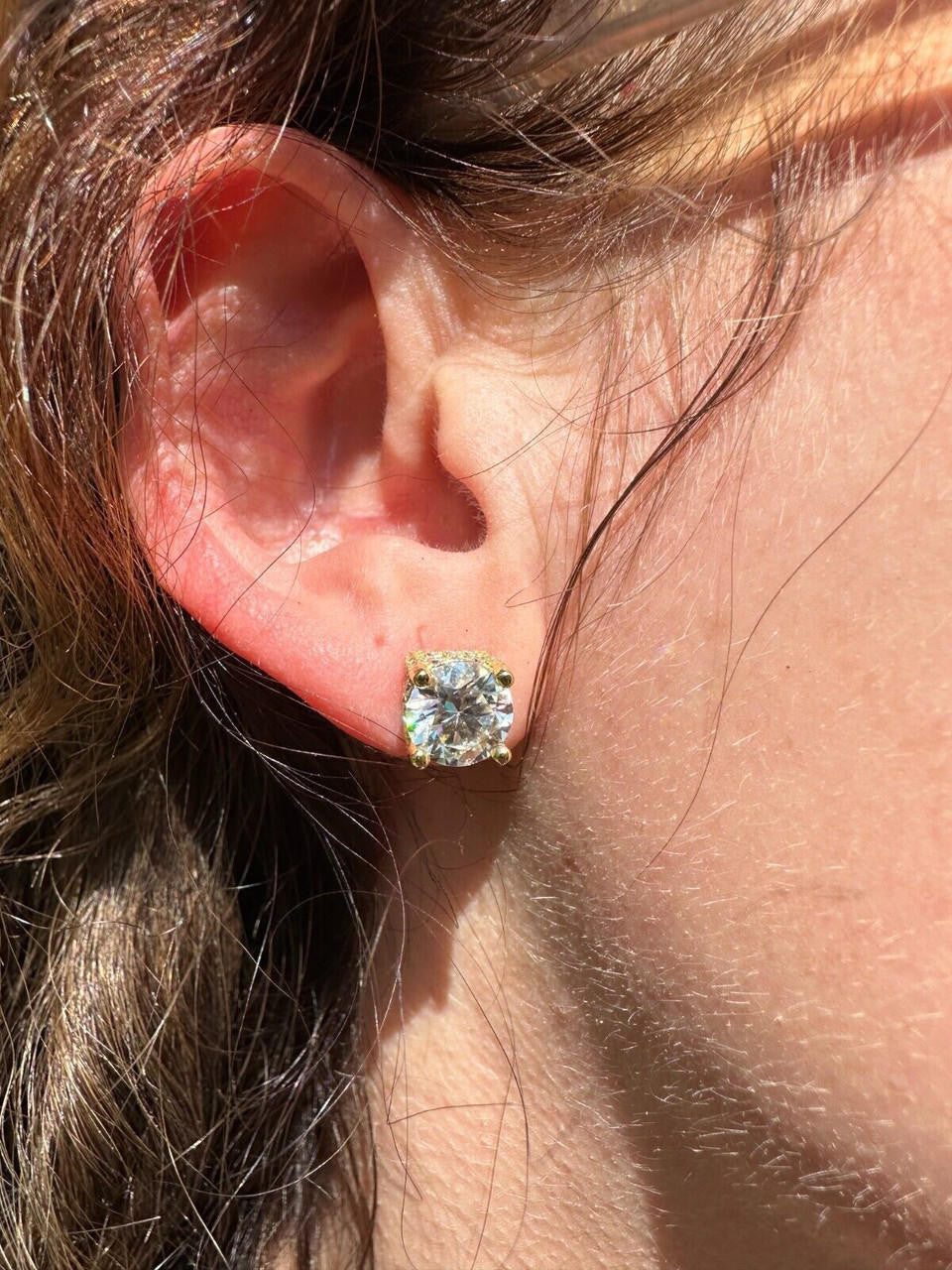 MOISSANITE Solitaire Stud Reinvented Earrings - Stones On All Sides - 14k Gold Vermeil 925 Silver - 5mm-8mm