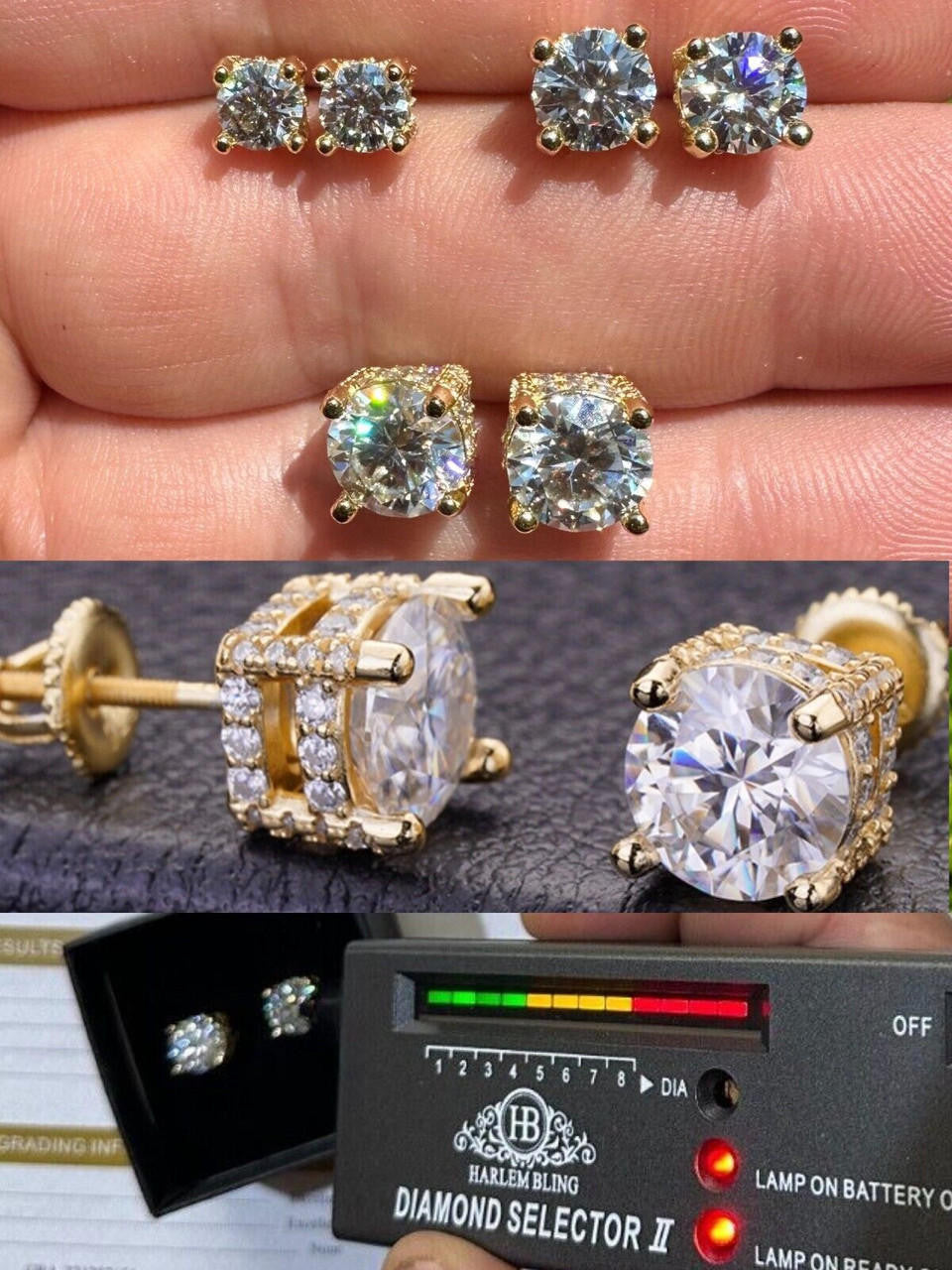 MOISSANITE Solitaire Stud Reinvented Earrings - Stones On All Sides - 14k Gold Vermeil 925 Silver - 5mm-8mm