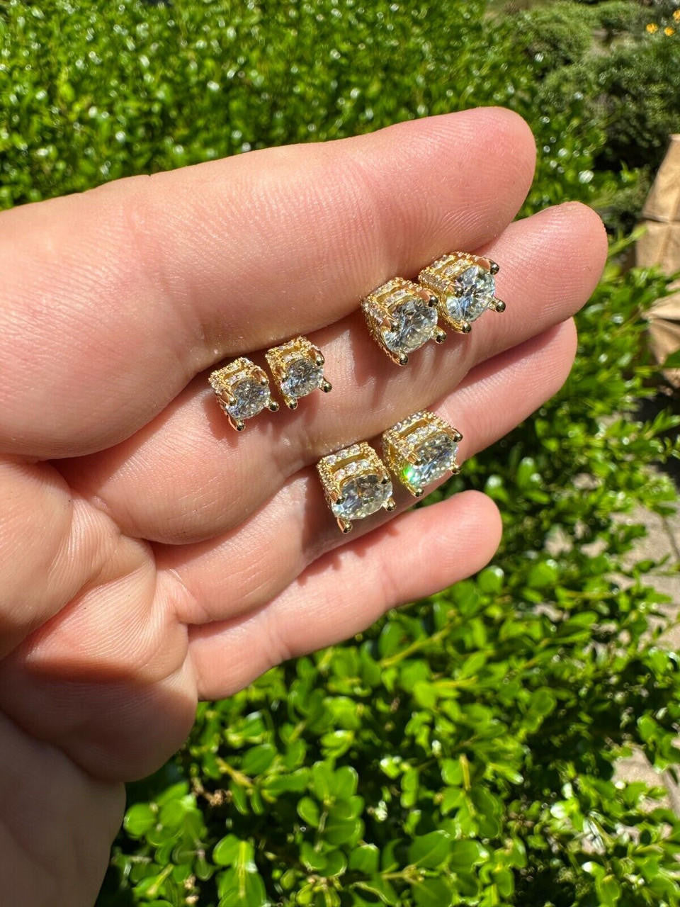 MOISSANITE Solitaire Stud Reinvented Earrings - Stones On All Sides - 14k Gold Vermeil 925 Silver - 5mm-8mm