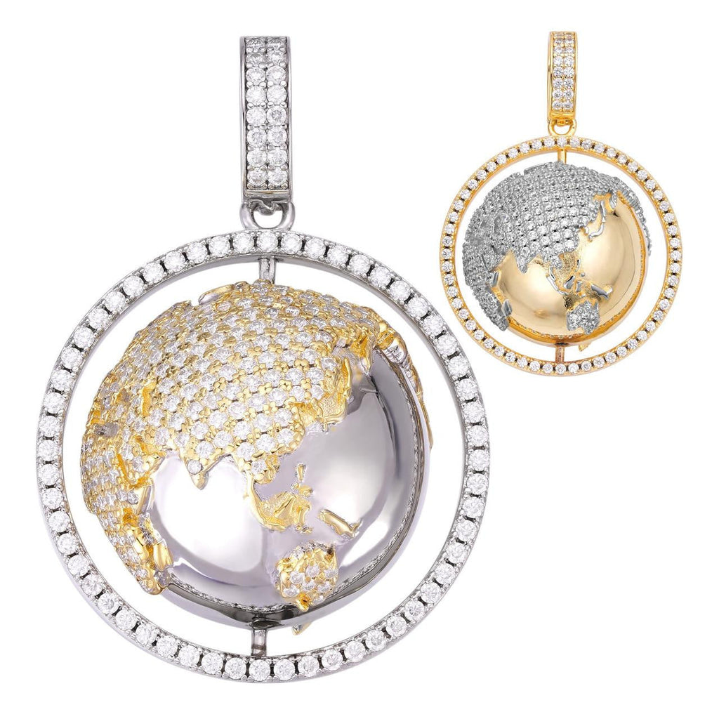 MOISSANITE 3D Spinning Globe Hip Hop Pendant - 14k Yellow Gold Vermeil Or 925 Silver - Large 2"