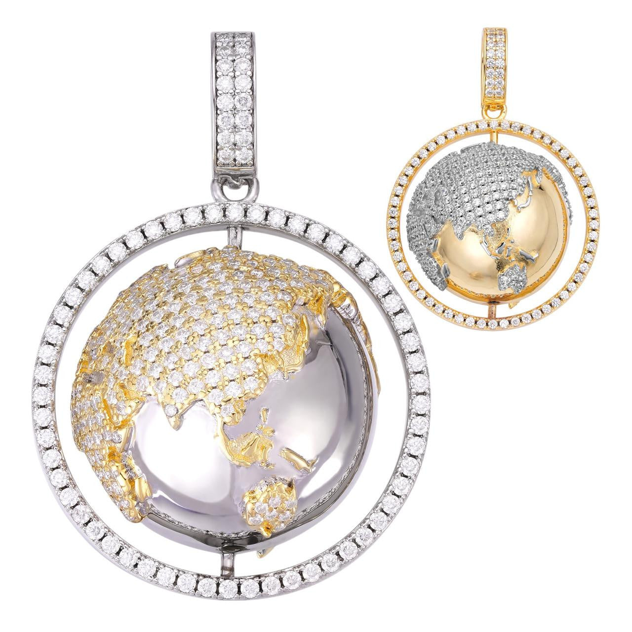 MOISSANITE 3D Spinning Globe Hip Hop Pendant - 14k Yellow Gold Vermeil Or 925 Silver - Large 2"