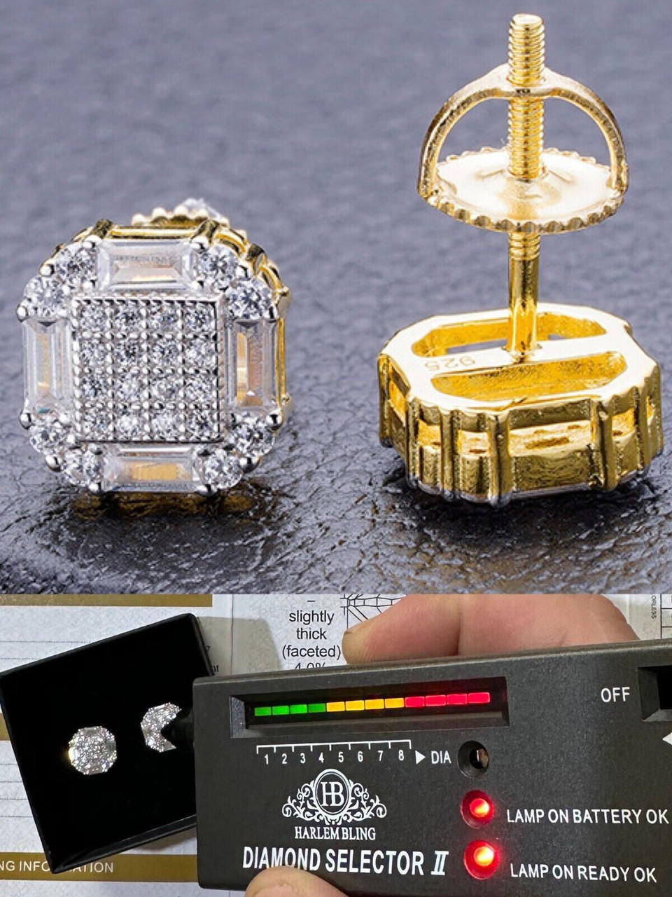 MOISSANITE Baguette Star Iced Out Earrings - 14k Gold Vermeil 925 Silver - 10mm