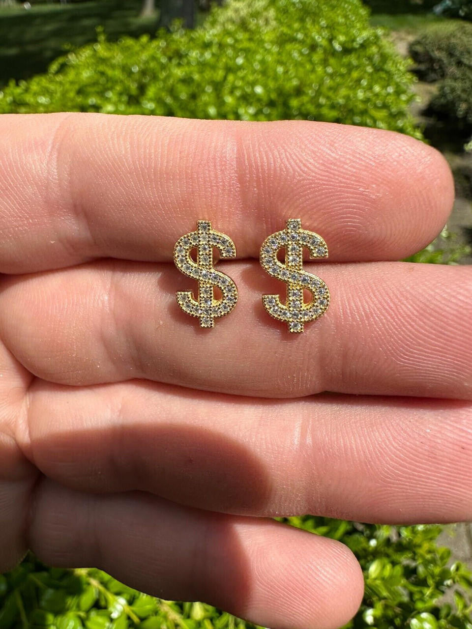 MOISSANITE Dollar Sign Iced Out Earrings - 14k Gold Vermeil 925 Silver - 7x13mm