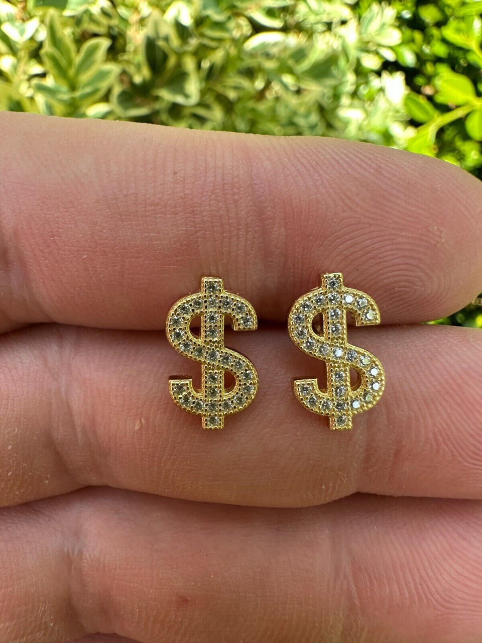 MOISSANITE Dollar Sign Iced Out Earrings - 14k Gold Vermeil 925 Silver - 7x13mm