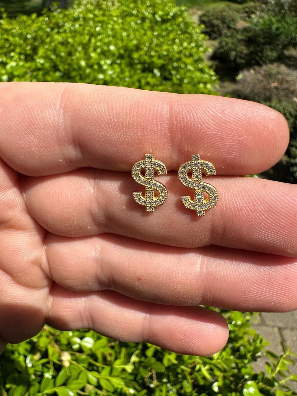MOISSANITE Dollar Sign Iced Out Earrings - 14k Gold Vermeil 925 Silver - 7x13mm