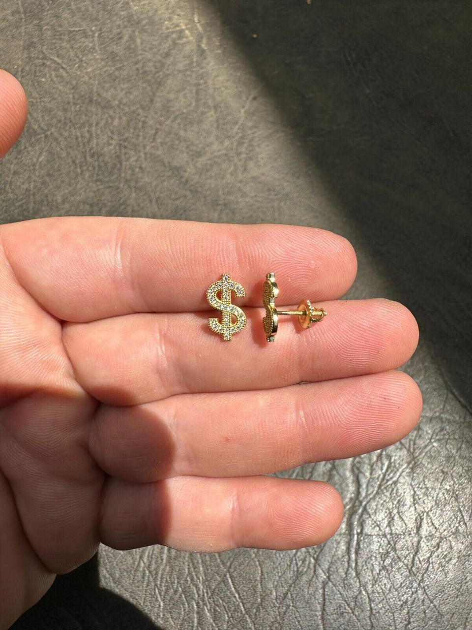 MOISSANITE Dollar Sign Iced Out Earrings - 14k Gold Vermeil 925 Silver - 7x13mm