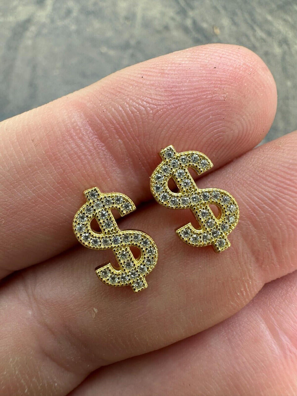 MOISSANITE Dollar Sign Iced Out Earrings - 14k Gold Vermeil 925 Silver - 7x13mm