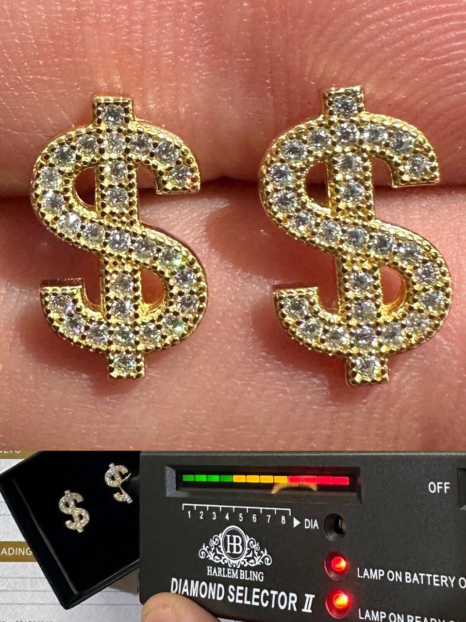 MOISSANITE Dollar Sign Iced Out Earrings - 14k Gold Vermeil 925 Silver - 7x13mm