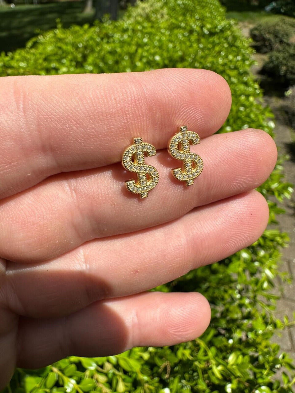MOISSANITE Dollar Sign Iced Out Earrings - 14k Gold Vermeil 925 Silver - 7x13mm