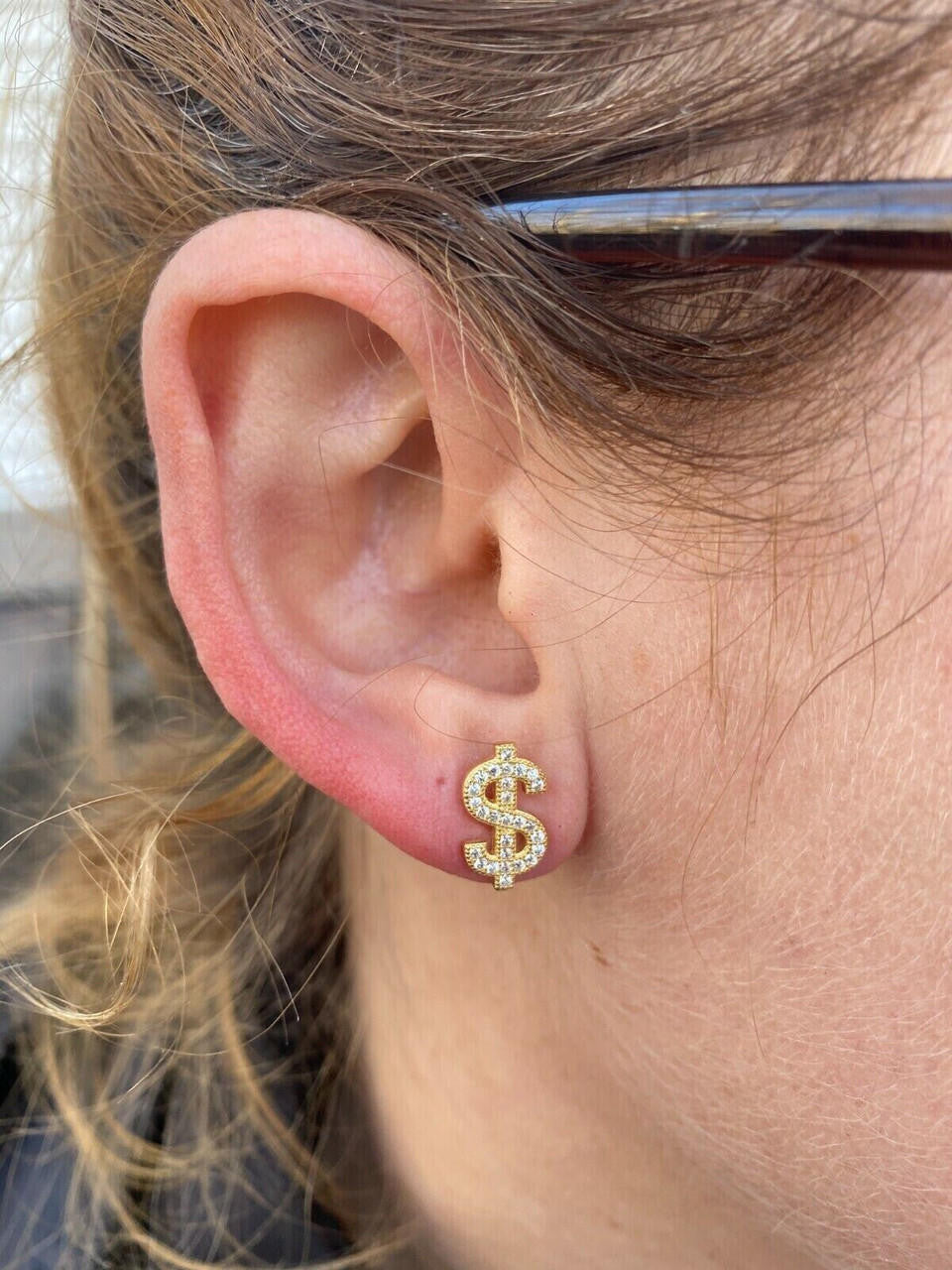 MOISSANITE Dollar Sign Iced Out Earrings - 14k Gold Vermeil 925 Silver - 7x13mm