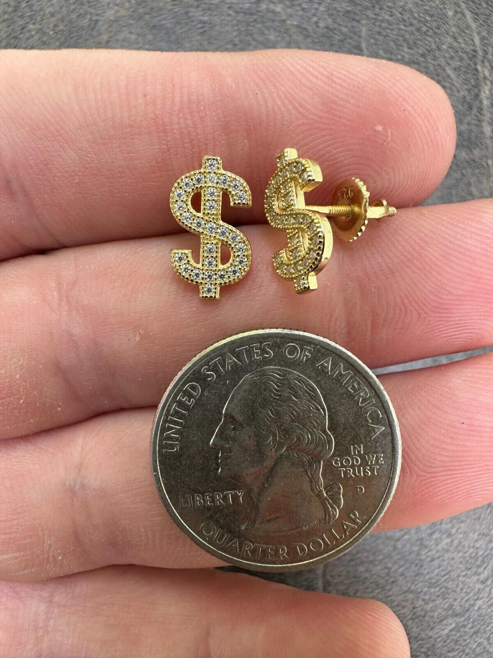 MOISSANITE Dollar Sign Iced Out Earrings - 14k Gold Vermeil 925 Silver - 7x13mm