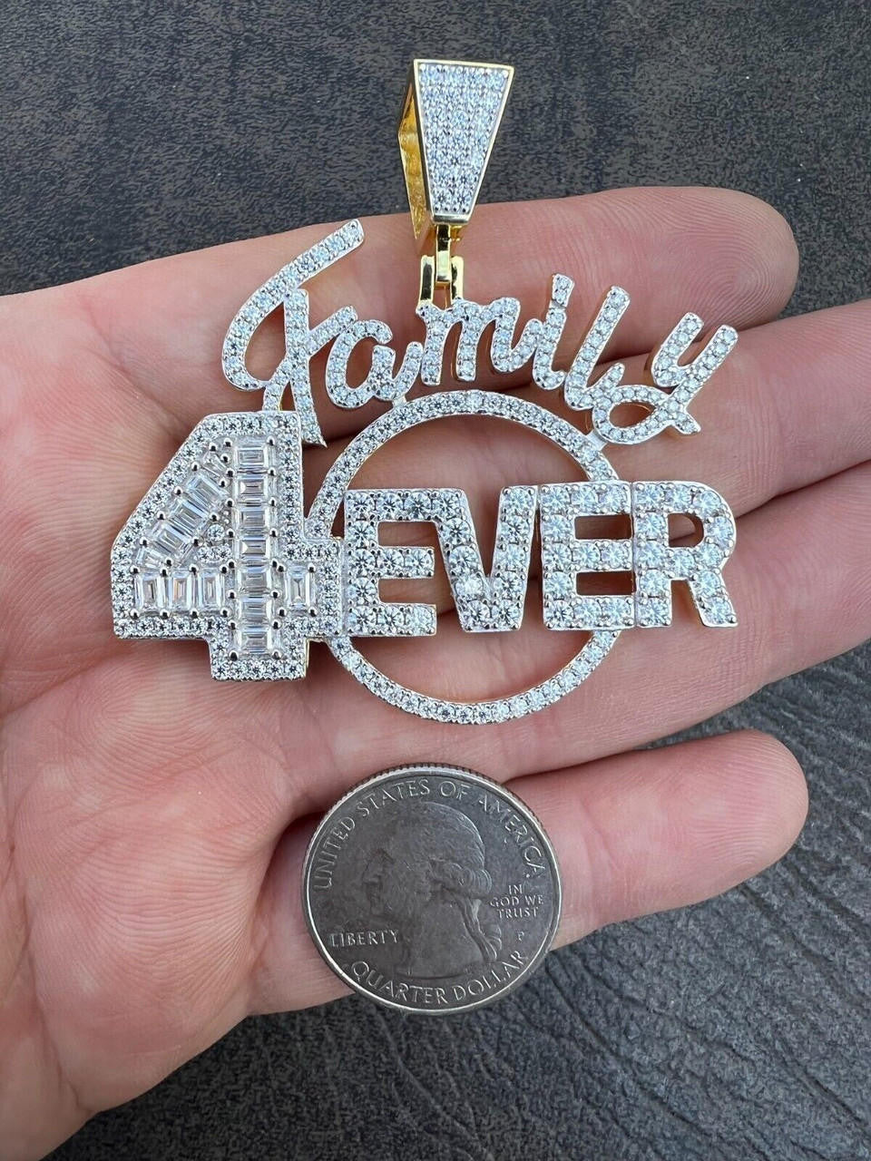 MOISSANITE Family Forever 4EVER Hip Hop Pendant - 14k Gold Vermeil Or 925 Silver - Medium 2.25"