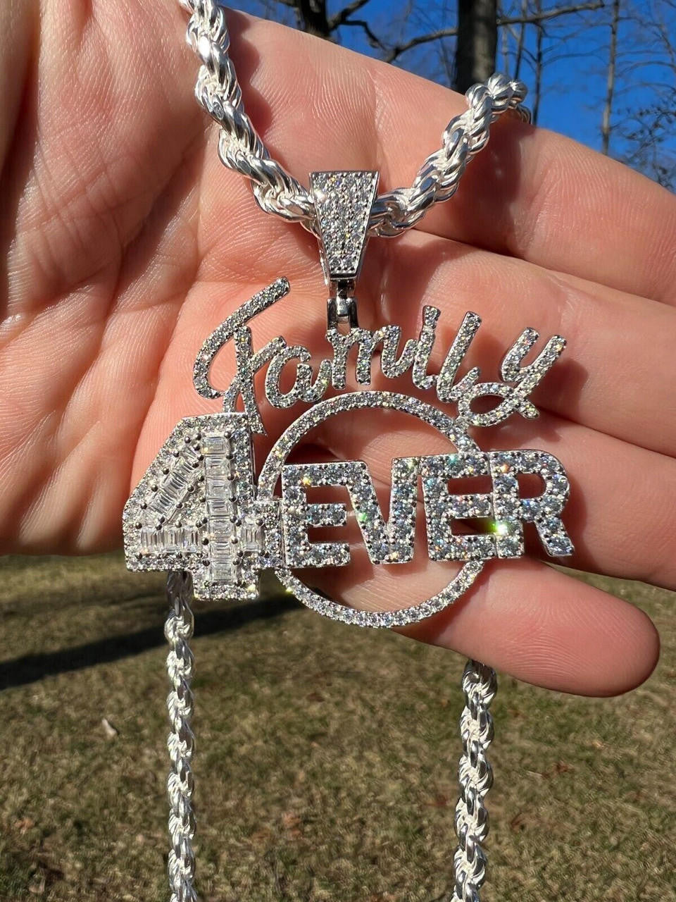 MOISSANITE Family Forever 4EVER Hip Hop Pendant - 14k Gold Vermeil Or 925 Silver - Medium 2.25"