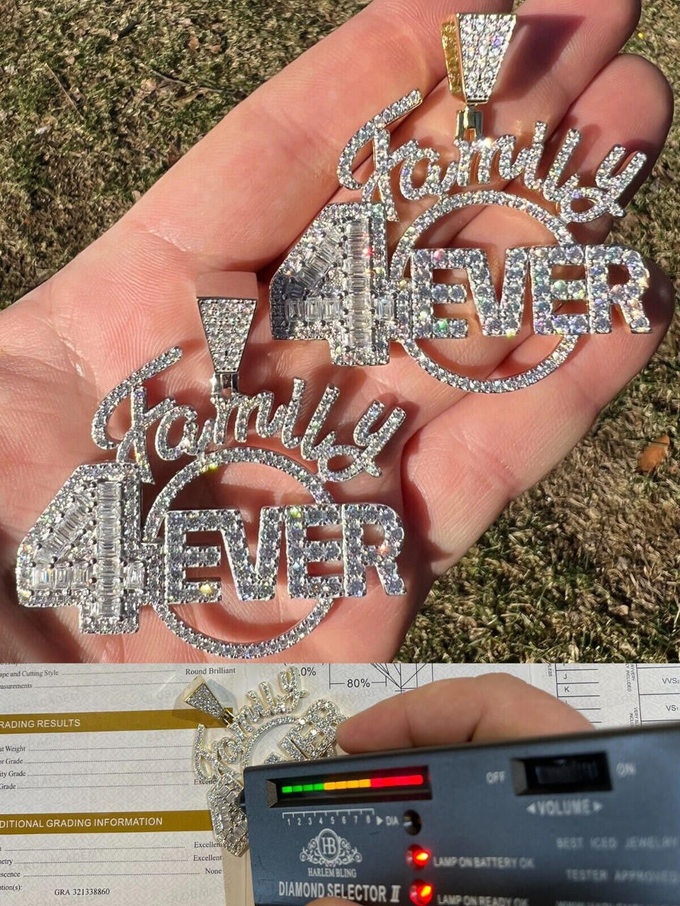 MOISSANITE Family Forever 4EVER Hip Hop Pendant - 14k Gold Vermeil Or 925 Silver - Medium 2.25"