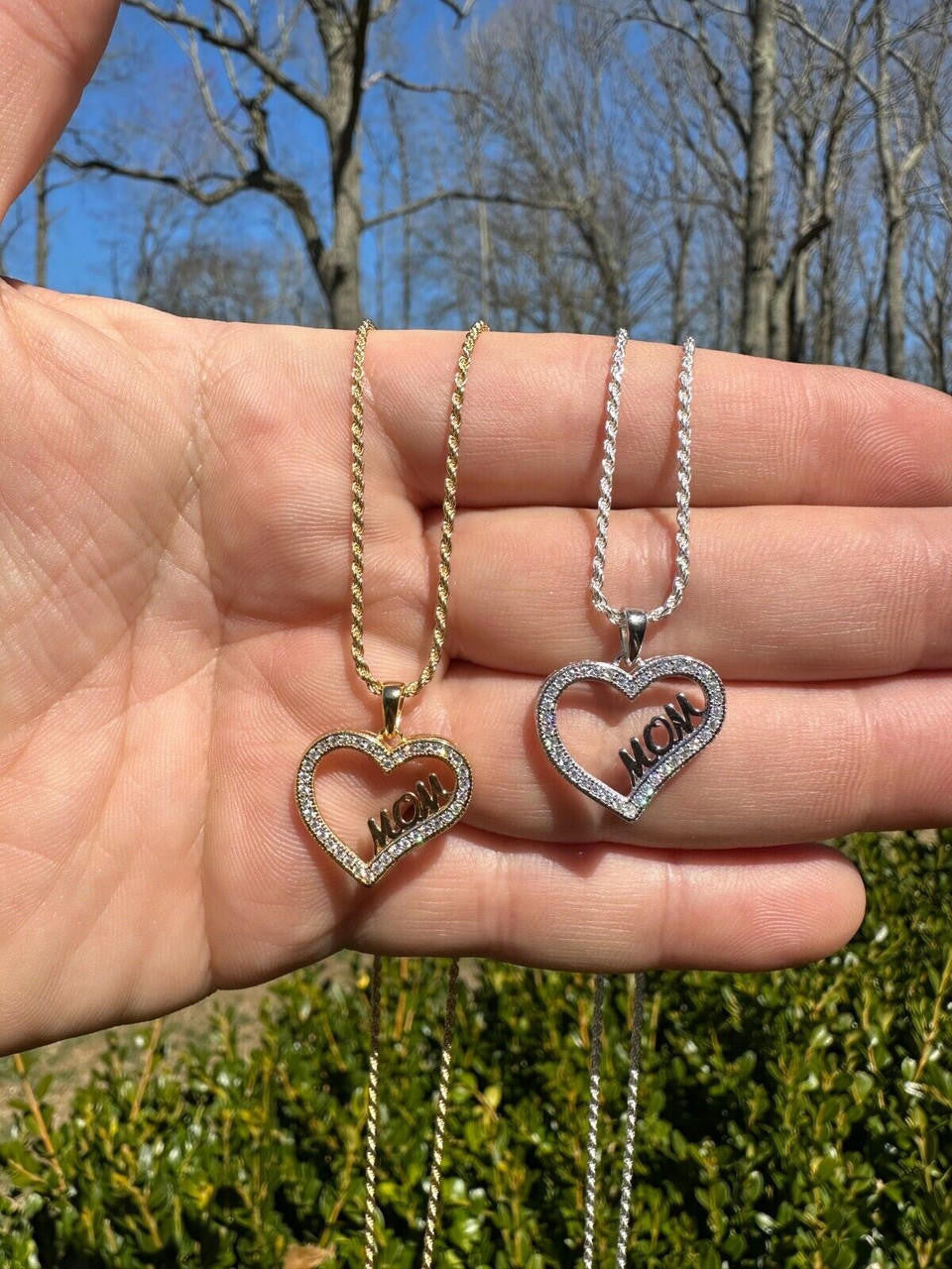 MOISSANITE Mom Heart Shape Love Mothers Day Pendant - 14k Gold Vermeil or 925 Silver - Tiny 0.75"