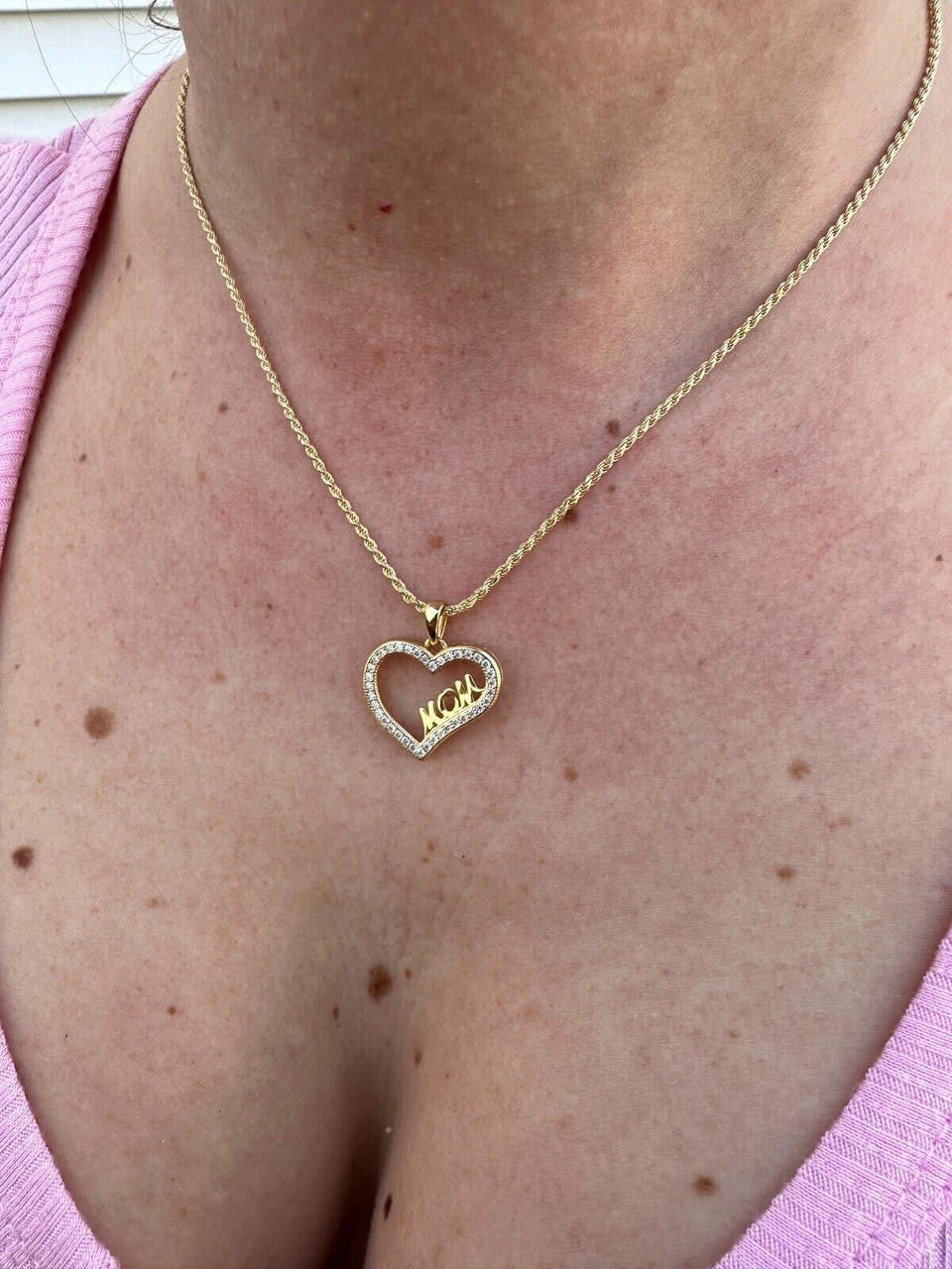 MOISSANITE Mom Heart Shape Love Mothers Day Pendant - 14k Gold Vermeil or 925 Silver - Tiny 0.75"
