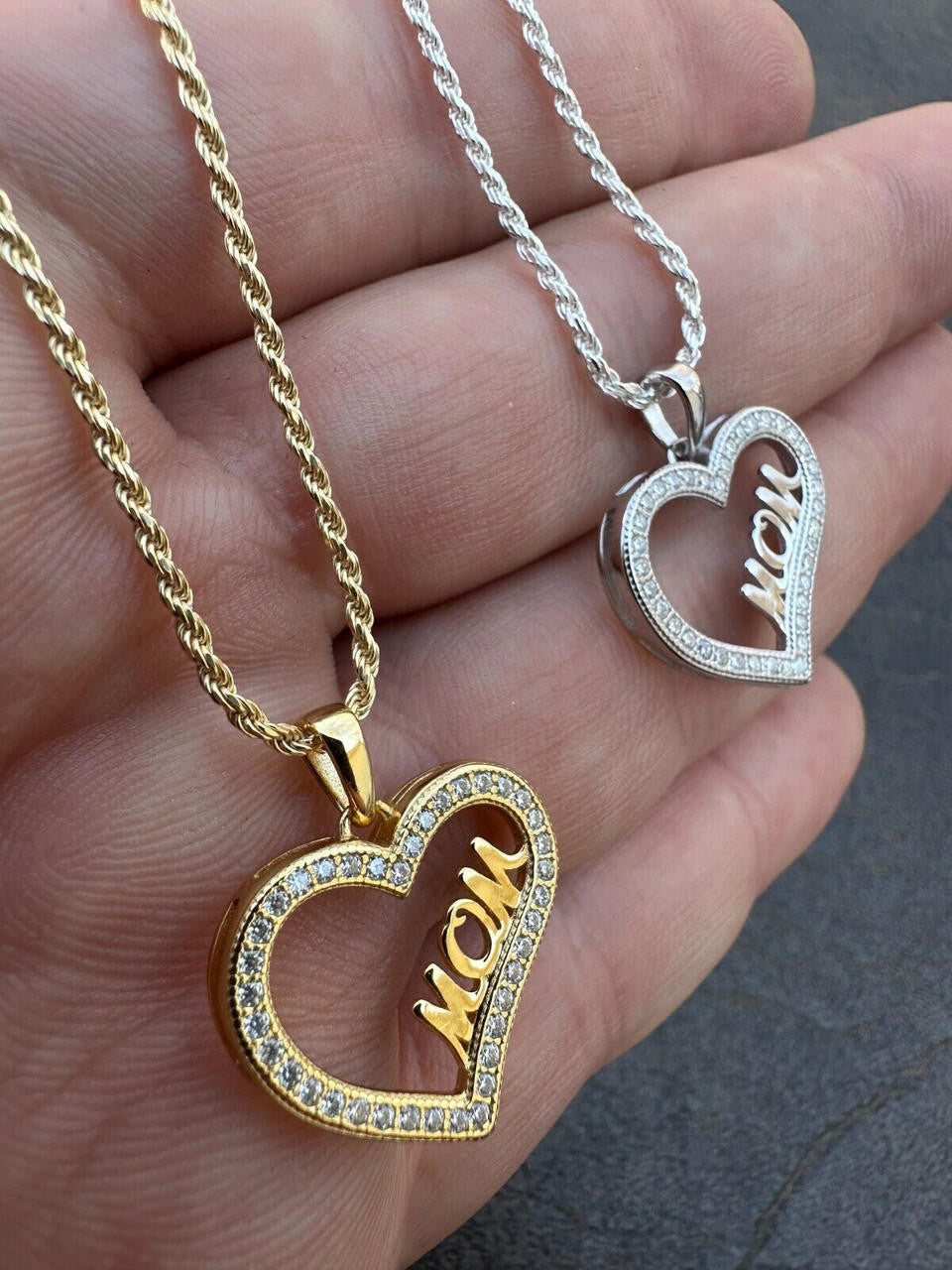 MOISSANITE Mom Heart Shape Love Mothers Day Pendant - 14k Gold Vermeil or 925 Silver - Tiny 0.75"