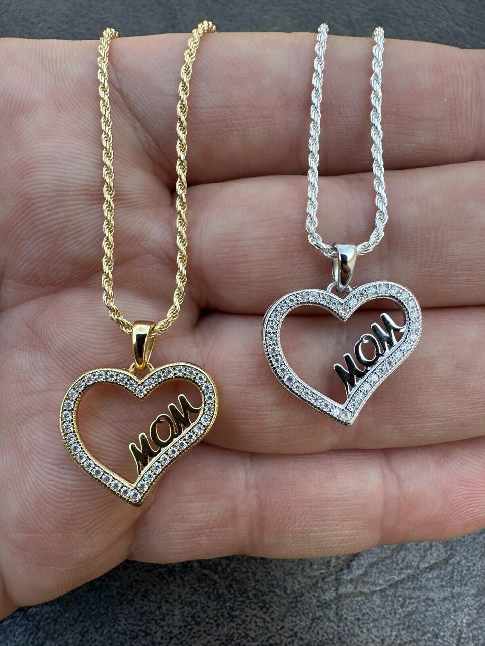 MOISSANITE Mom Heart Shape Love Mothers Day Pendant - 14k Gold Vermeil or 925 Silver - Tiny 0.75"