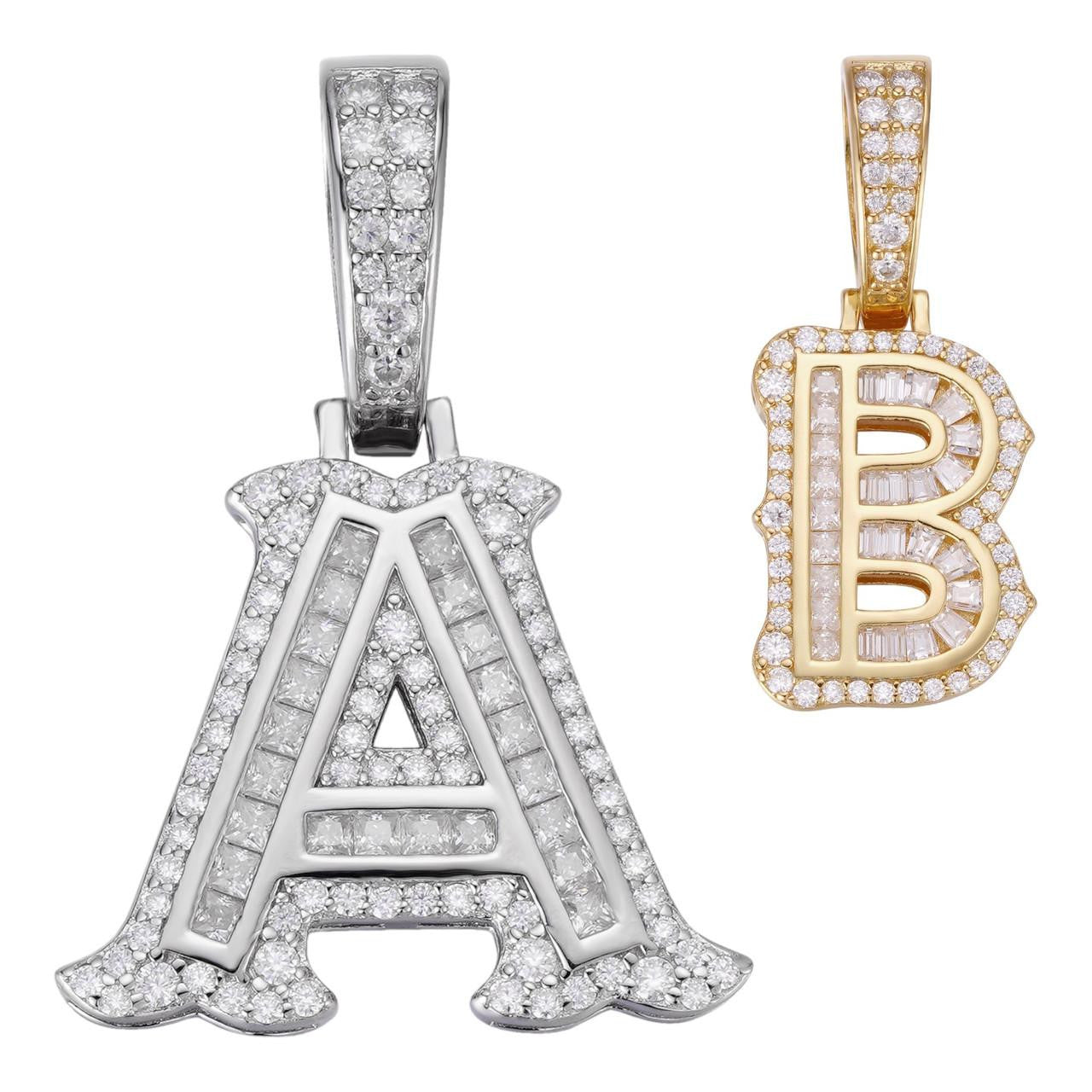 MOISSANITE A - Z Initials Gothic Letter Iced Out Pendant - 14k Yellow Gold Vermeil Or 925 Silver - Small 1.25"