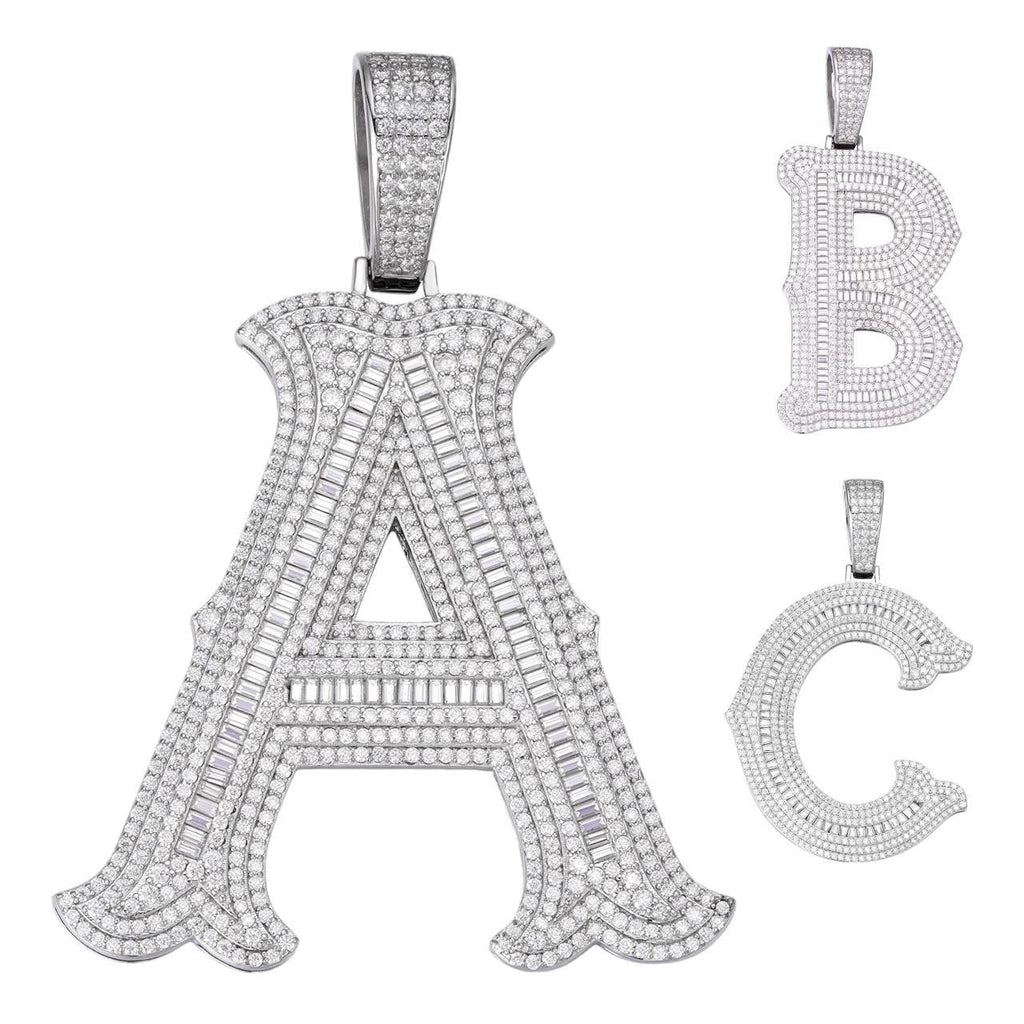 MOISSANITE A - Z Initials Gothic Letter Iced Out Pendant - 925 Silver - Large 2.75"