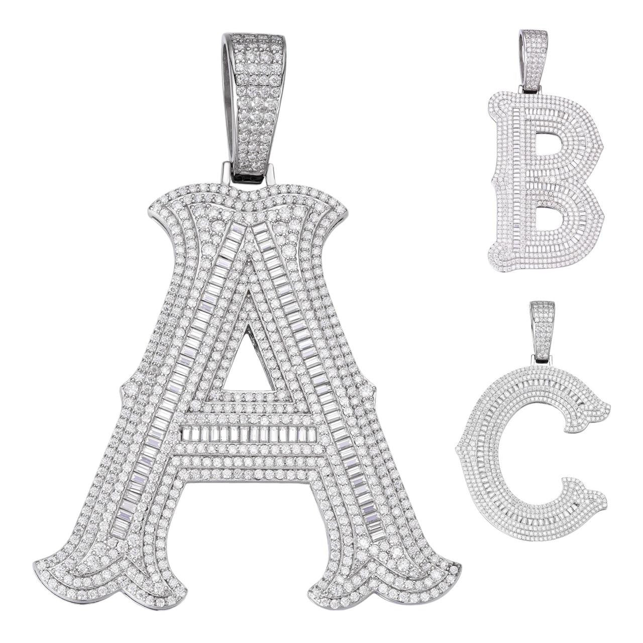 MOISSANITE A - Z Initials Gothic Letter Iced Out Pendant - 925 Silver - Large 2.75"
