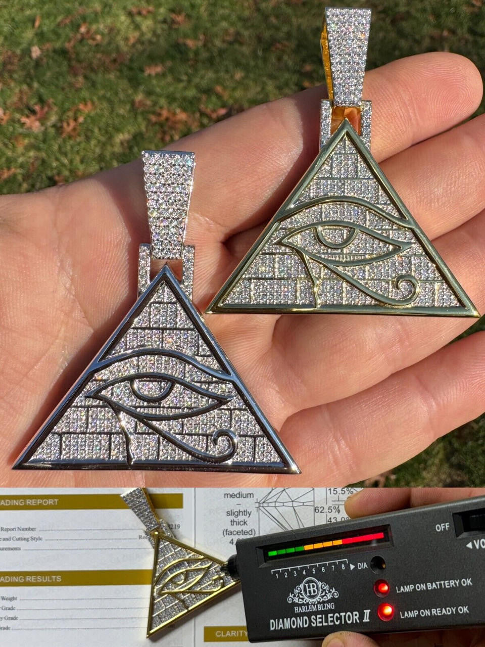MOISSANITE Illuminati Eye Masonic Pyramid Medallion Pendant - 14k Gold Vermeil Or 925 Silver  - Medium 2.25"