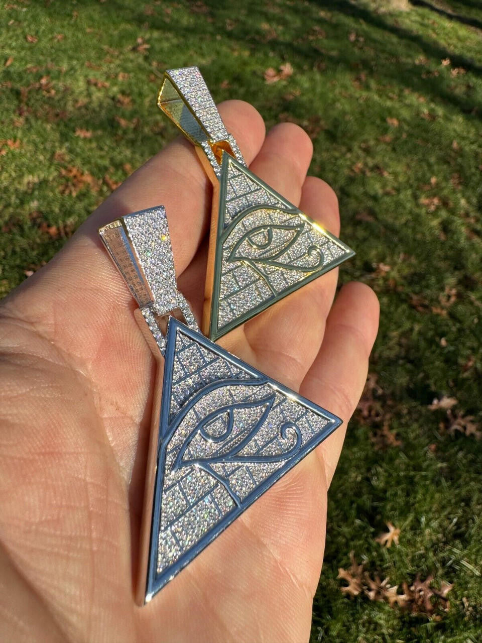 MOISSANITE Illuminati Eye Masonic Pyramid Medallion Pendant - 14k Gold Vermeil Or 925 Silver  - Medium 2.25"