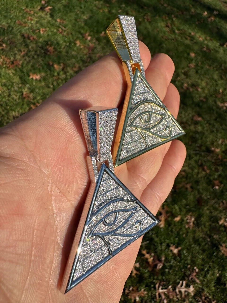 MOISSANITE Illuminati Eye Masonic Pyramid Medallion Pendant - 14k Gold Vermeil Or 925 Silver  - Medium 2.25"