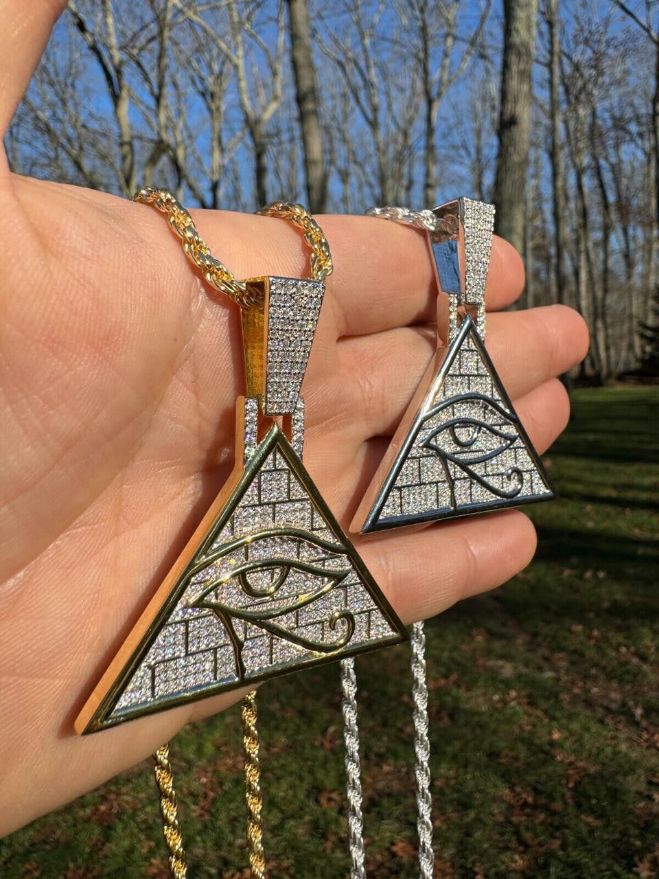 MOISSANITE Illuminati Eye Masonic Pyramid Medallion Pendant - 14k Gold Vermeil Or 925 Silver  - Medium 2.25"